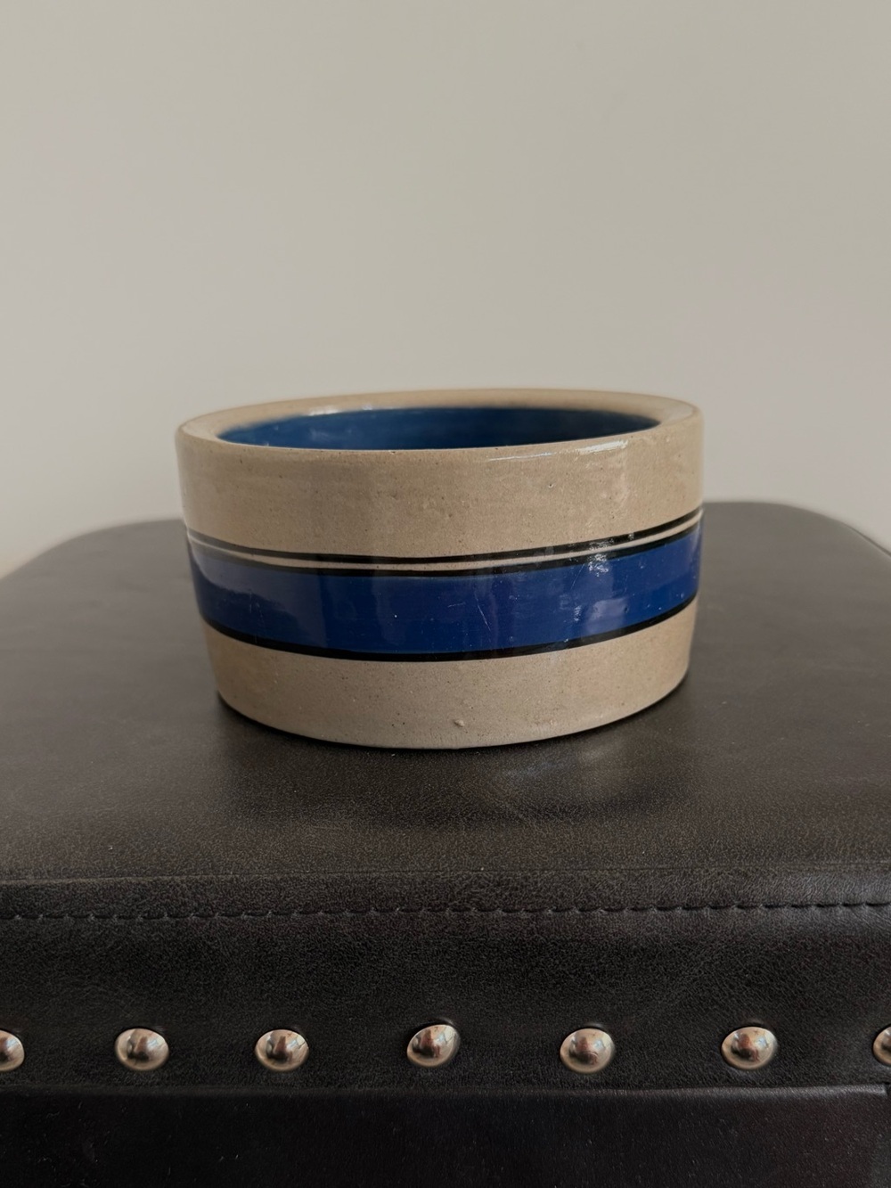Vintage Bretby Pottery Stoneware Pet Bowl with Deep Blue Stripe
